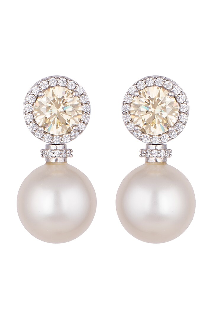 White Finish Round Swarovski & Pearl Earrings by Diosa Paris Jewellery at Pernia's Pop Up Shop