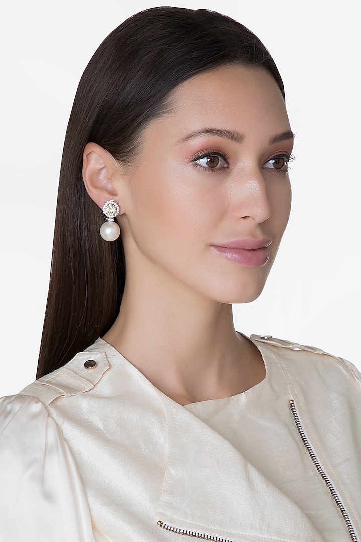 White Finish Round Swarovski & Pearl Earrings by Diosa Paris Jewellery
