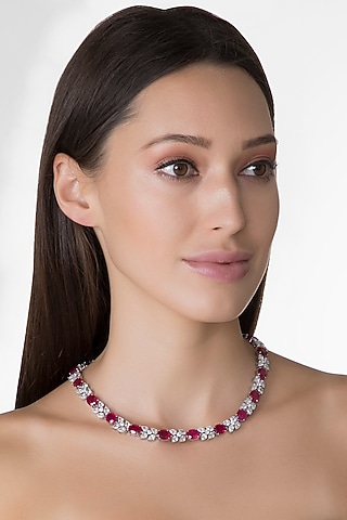 White Finish Red Swarovski Necklace by Diosa Paris Jewellery
