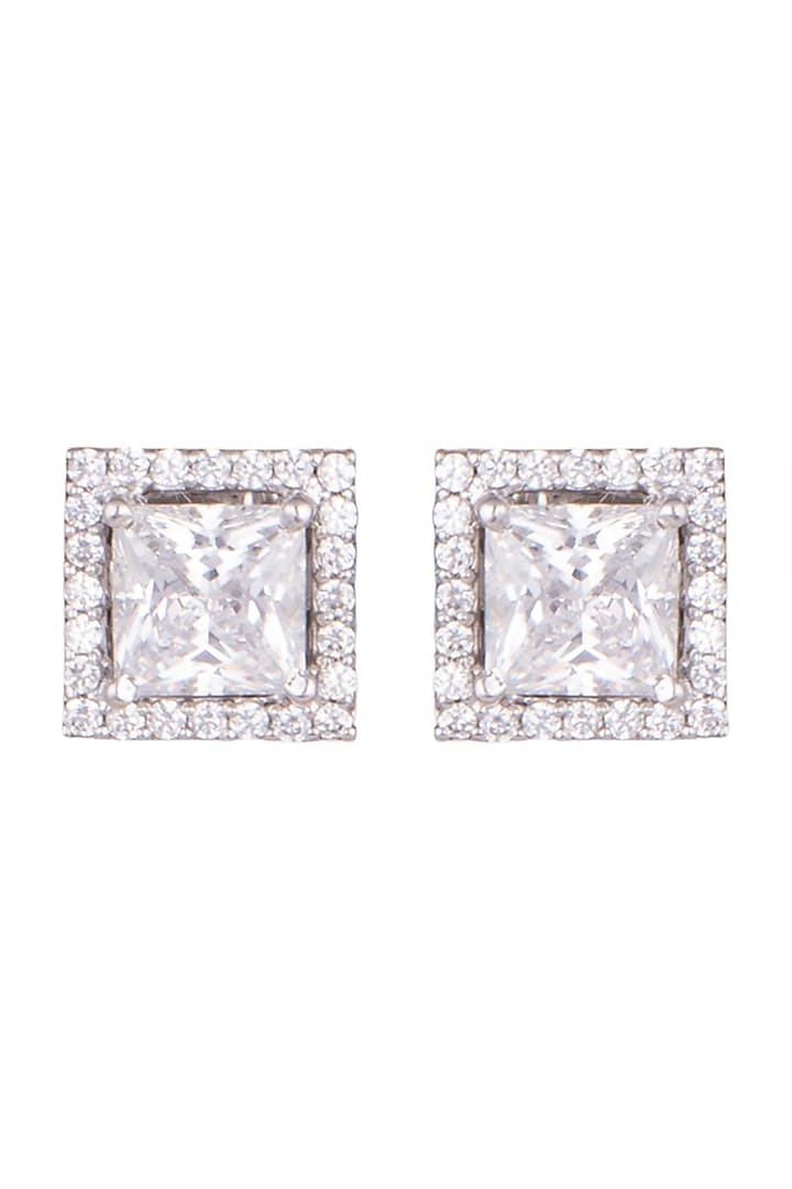 White Finish Princess & Round Cut Zirconia Earrings In Sterling Silver by Diosa Paris Jewellery at Pernia's Pop Up Shop