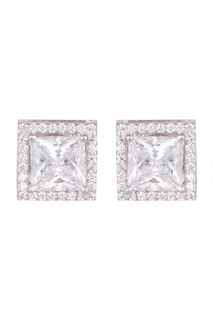 White Finish Princess Cut Swarovski Zirconia Earrings In Sterling Silver by Diosa Paris Jewellery at Pernia's Pop Up Shop