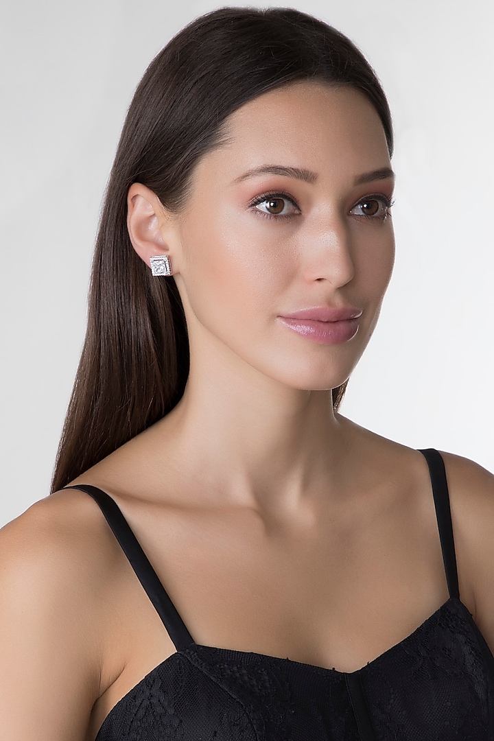 White Finish Princess Cut Swarovski Zirconia Earrings In Sterling Silver by Diosa Paris Jewellery at Pernia's Pop Up Shop