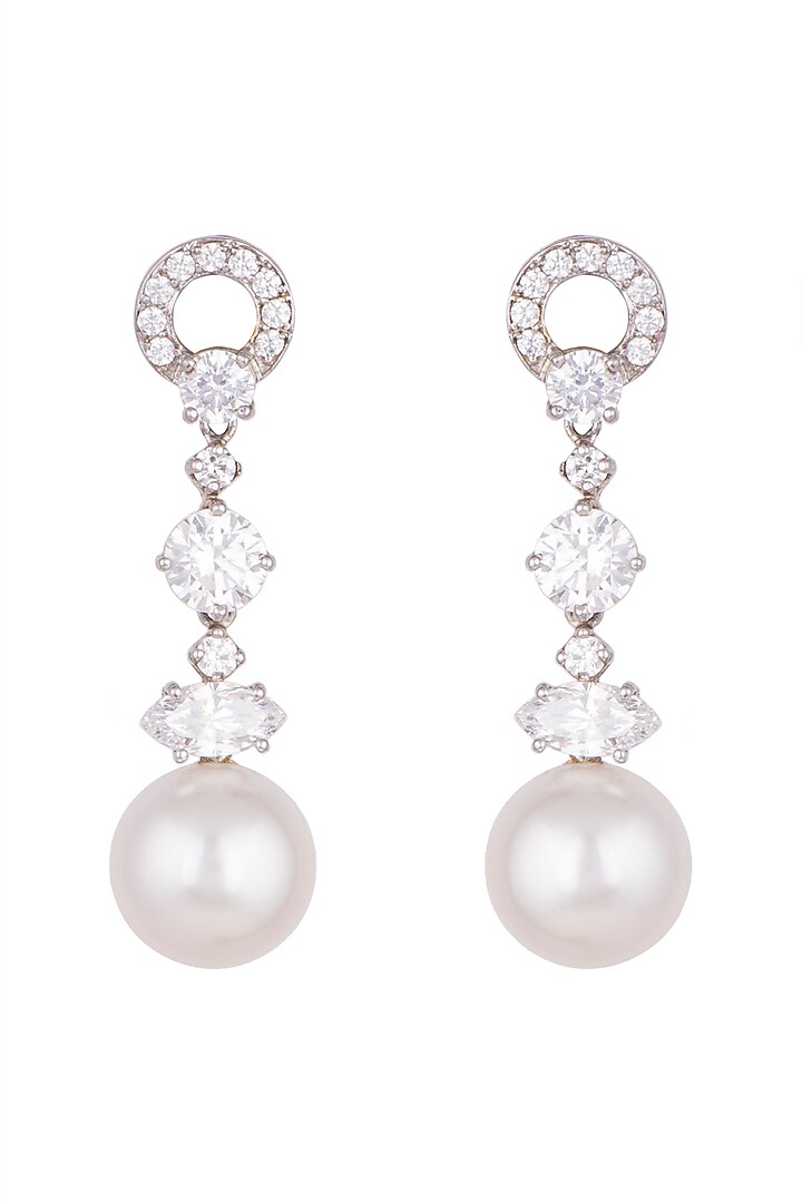 White Finish Pearls & Swarovski Zirconia Earrings In Sterling Silver by Diosa Paris Jewellery at Pernia's Pop Up Shop