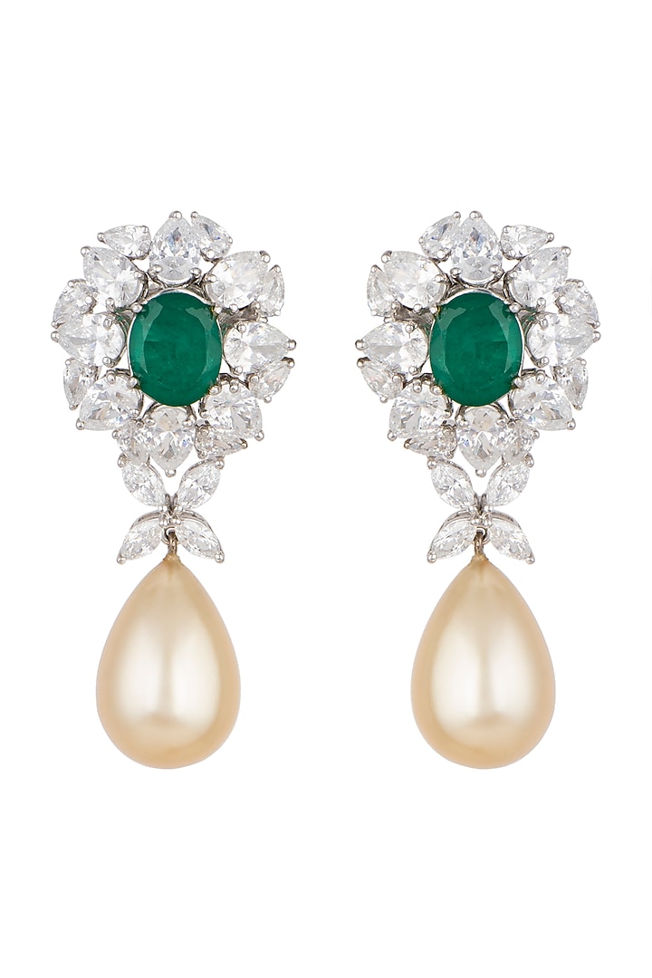 White Finish Green Oval Swarovski Zirconia Earrings In Sterling Silver by Diosa Paris Jewellery at Pernia's Pop Up Shop