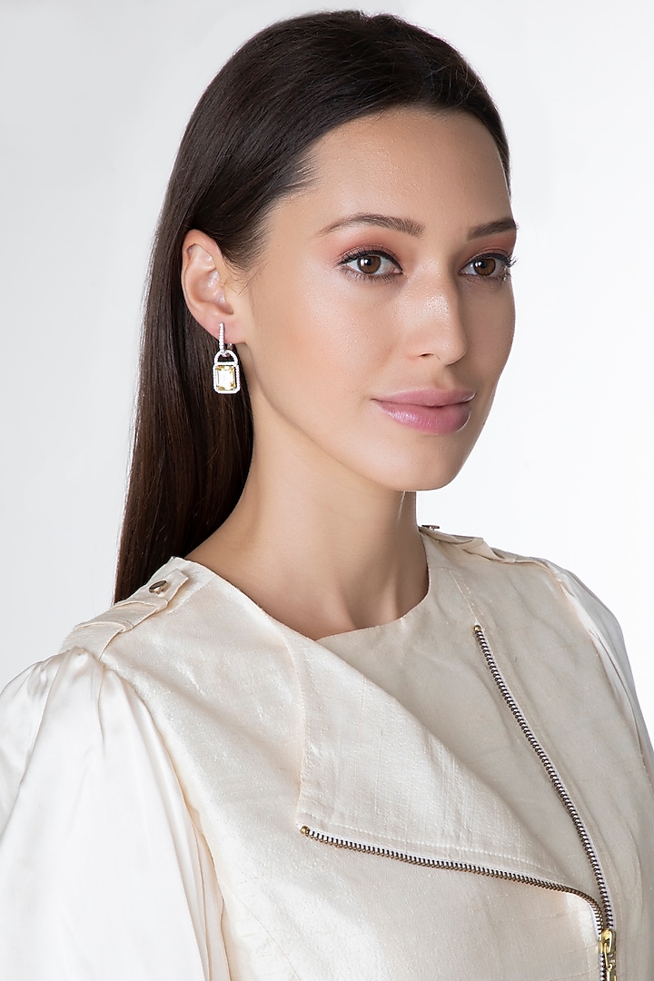 White Finish Yellow Swarovski Zirconia Earrings In Sterling Silver by Diosa Paris Jewellery