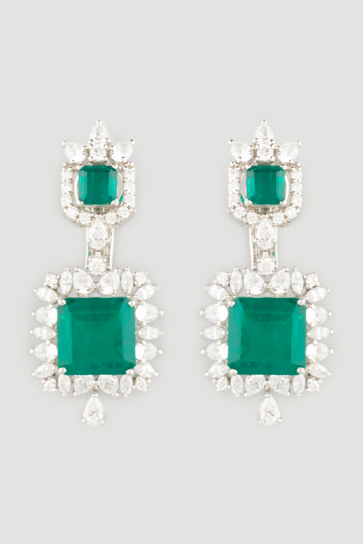 White Finish Green Stone Earrings In Sterling Silver by Diosa Paris Jewellery