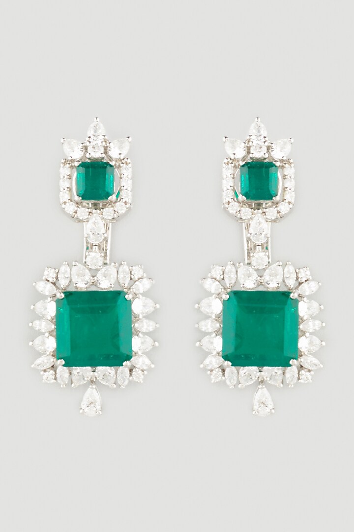 White Finish Green Stone Earrings In Sterling Silver by Diosa Paris