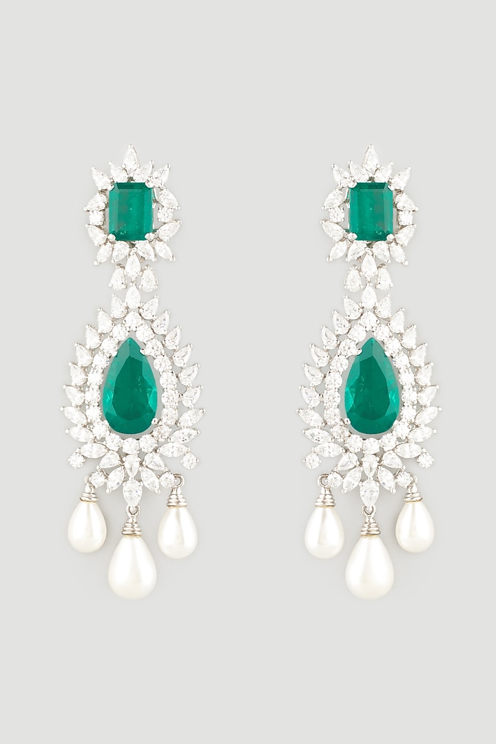 White Finish Pearl & Swarovski Zirconia Earrings In Sterling Silver by Diosa Paris Jewellery at Pernia's Pop Up Shop
