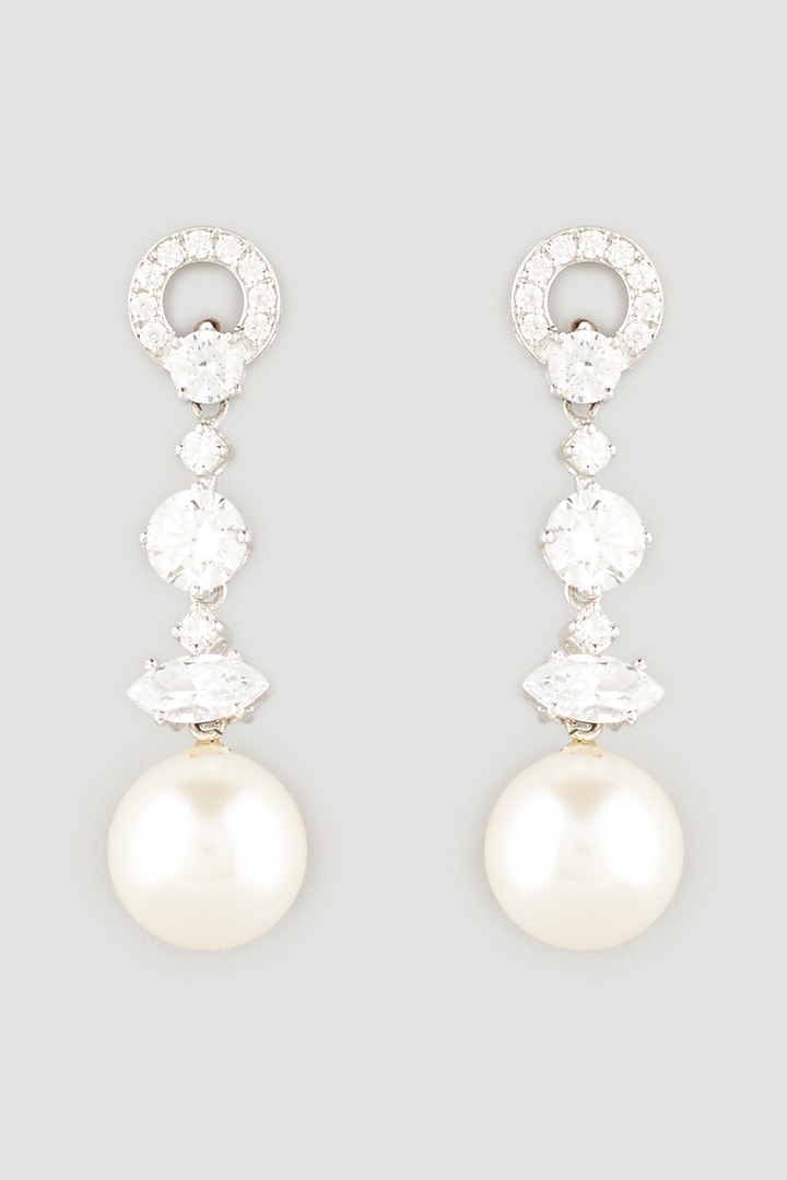 White Finish Pearl Dangler Earrings In Sterling Silver by Diosa Paris