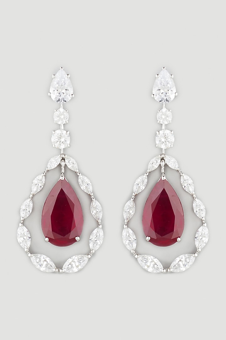 White Finish Red Crystal Earrings In Sterling Silver by Diosa Paris Jewellery at Pernia's Pop Up Shop