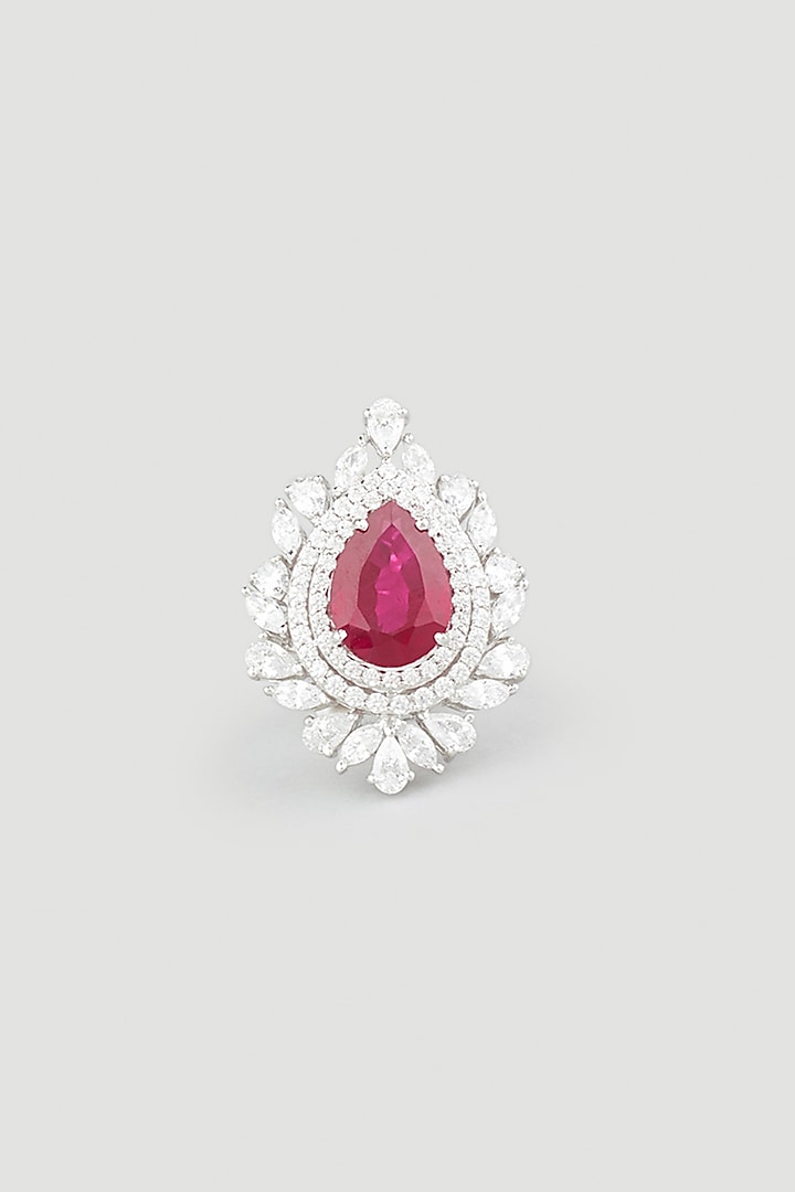 White Finish Red Pear-Cut Swarovski Zirconia Ring In 92.5 Sterling Silver by Diosa Paris Jewellery
