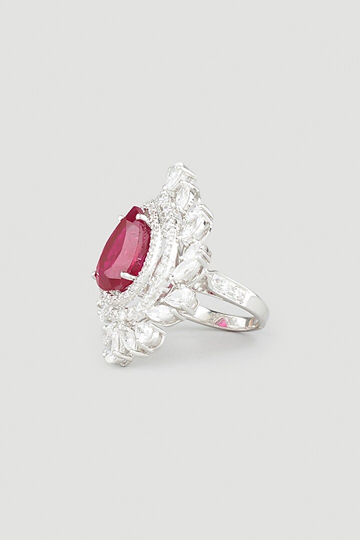 White Finish Red Pear-Cut Swarovski Zirconia Ring In 92.5 Sterling Silver by Diosa Paris Jewellery at Pernia's Pop Up Shop