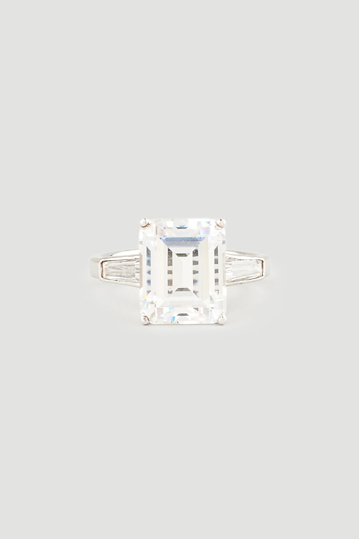 White Finish Emerald-Cut Swarovski Zirconia Ring In 92.5 Sterling Silver by Diosa Paris Jewellery