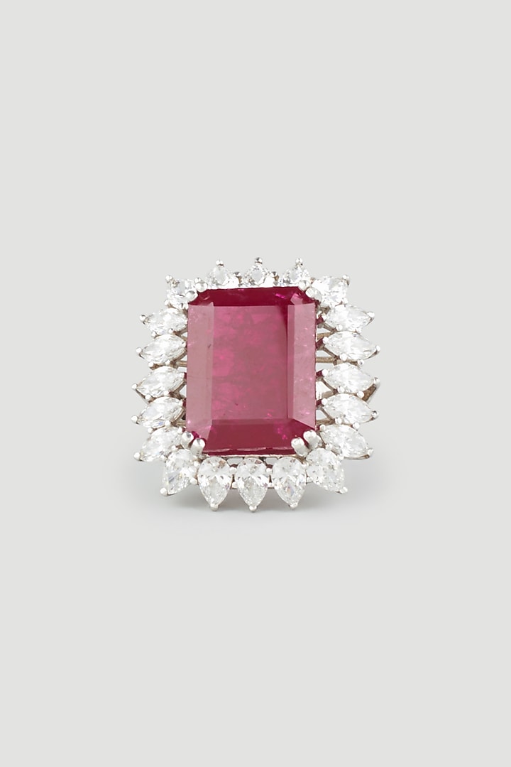 White Finish Red Stone Ring In Sterling Silver by Diosa Paris Jewellery