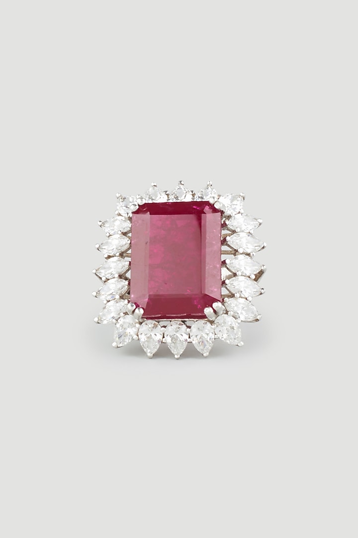 White Finish Red Stone Ring In Sterling Silver by Diosa Paris Jewellery at Pernia's Pop Up Shop
