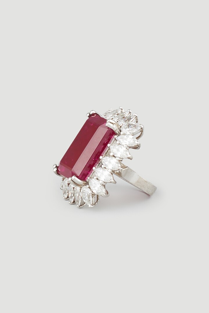 White Finish Red Stone Ring In Sterling Silver by Diosa Paris Jewellery at Pernia's Pop Up Shop