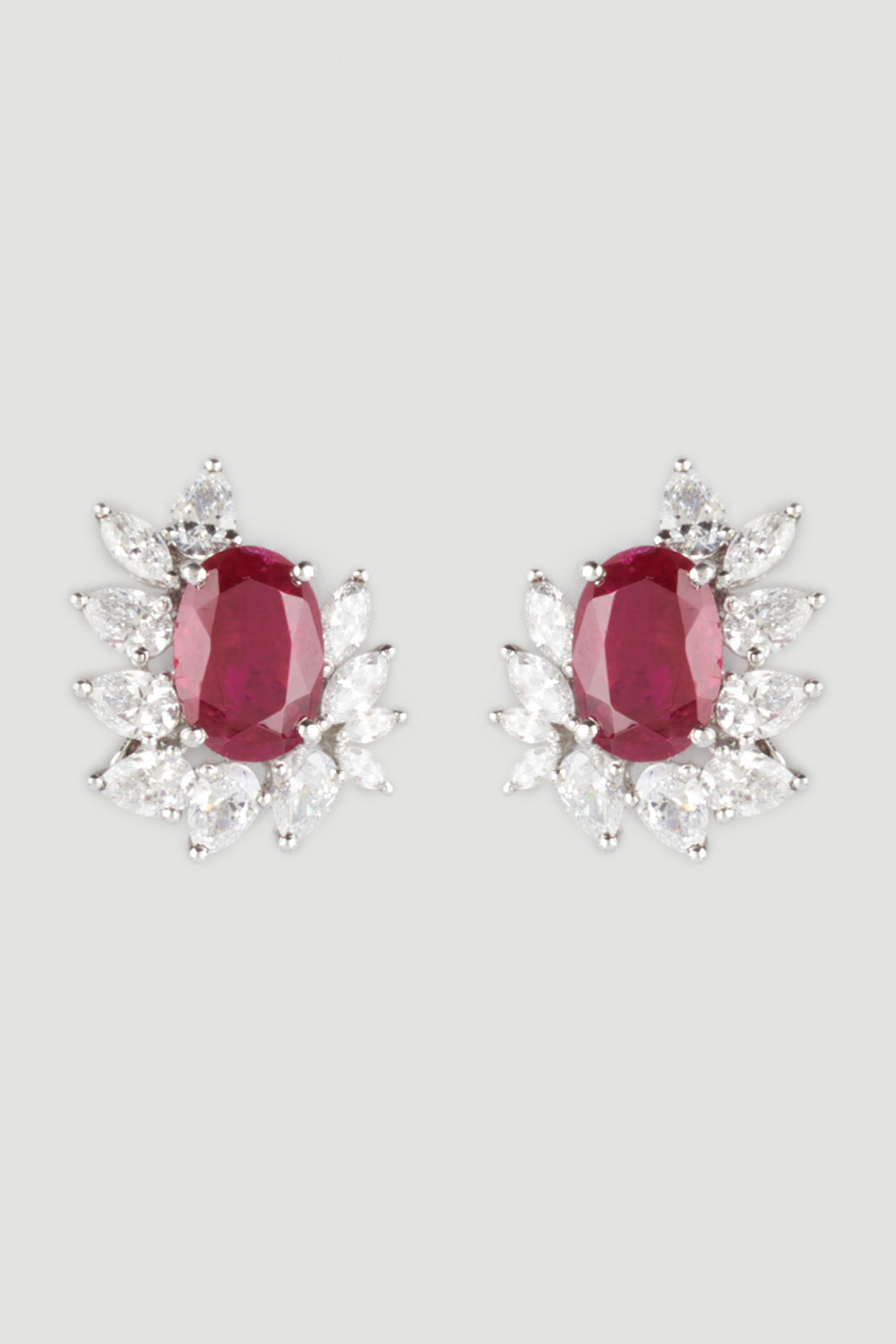 White Finish Red Stone Earrings In Sterling Silver by Diosa Paris Jewellery