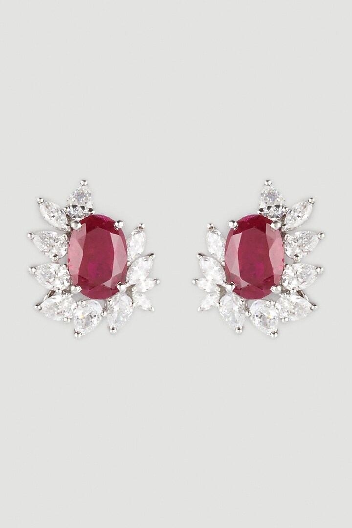 White Finish Red Stone Earrings In Sterling Silver by Diosa Paris Jewellery