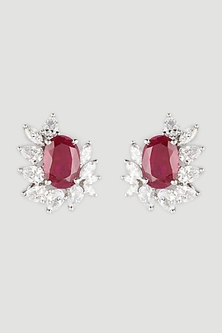 White Finish Red Stone Earrings In Sterling Silver by Diosa Paris Jewellery