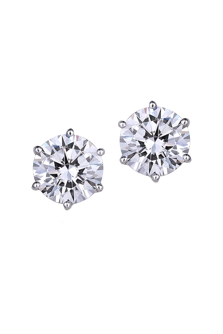 White Finish Swarovski Zirconia Round Stud Earrings In Sterling Silver by Diosa Paris Jewellery at Pernia's Pop Up Shop