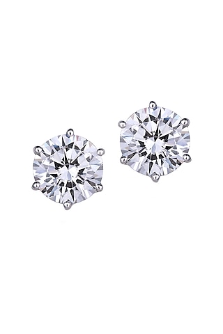 White Finish Swarovski Zirconia Round Stud Earrings In Sterling Silver by Diosa Paris Jewellery