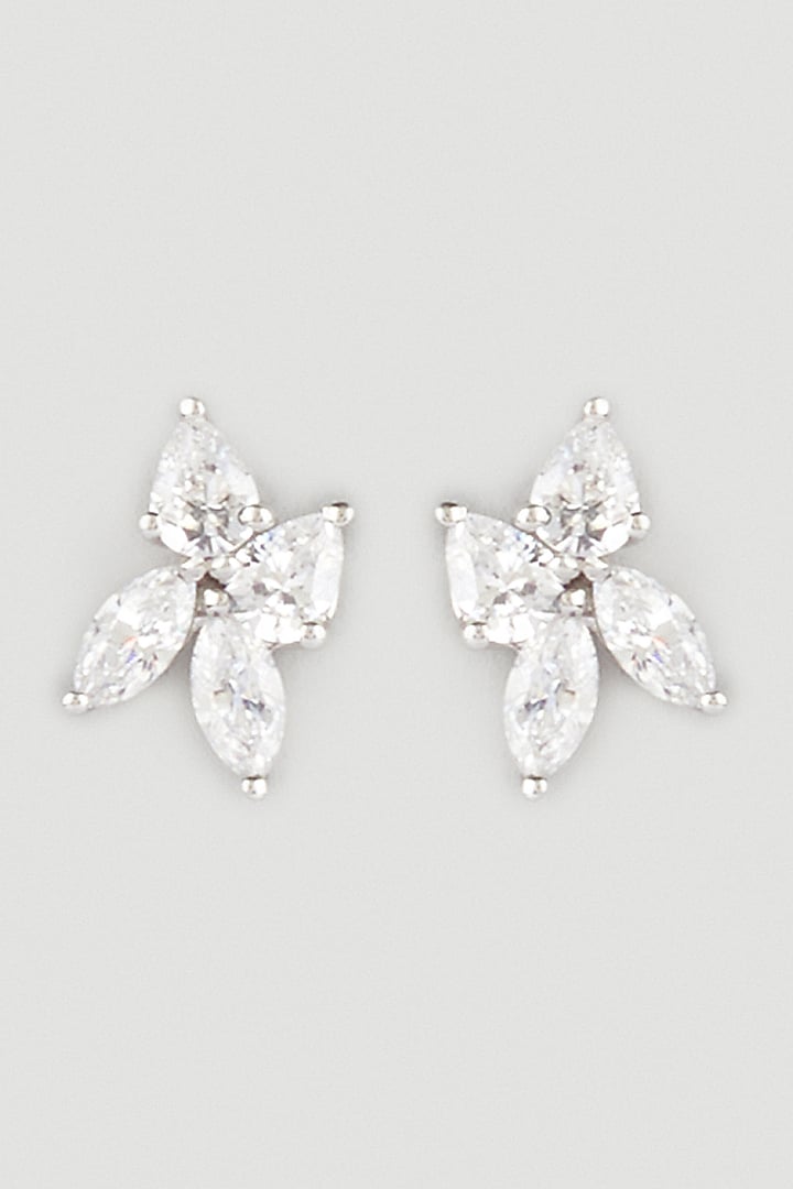 White Finish Swarovski Zirconia Stud Floral Earrings In Sterling Silver by Diosa Paris