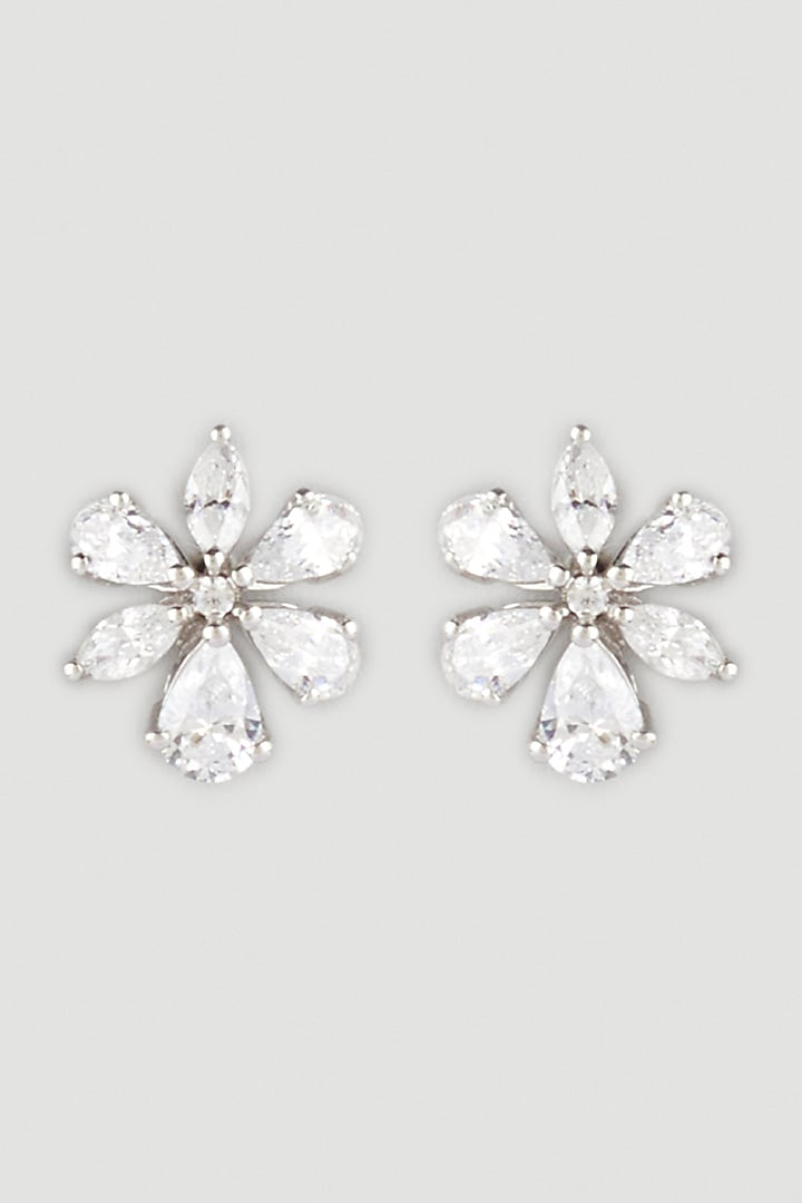 White Finish Swarovski Zirconia Floral Earrings In Sterling Silver by Diosa Paris