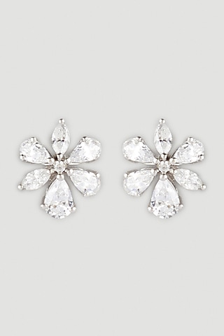White Finish Swarovski Zirconia Floral Earrings In Sterling Silver by Diosa Paris Jewellery