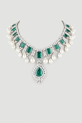 White Finish Swarovski Zirconia Bridal Necklace In 92.5 Sterling Silver by Diosa Paris Jewellery