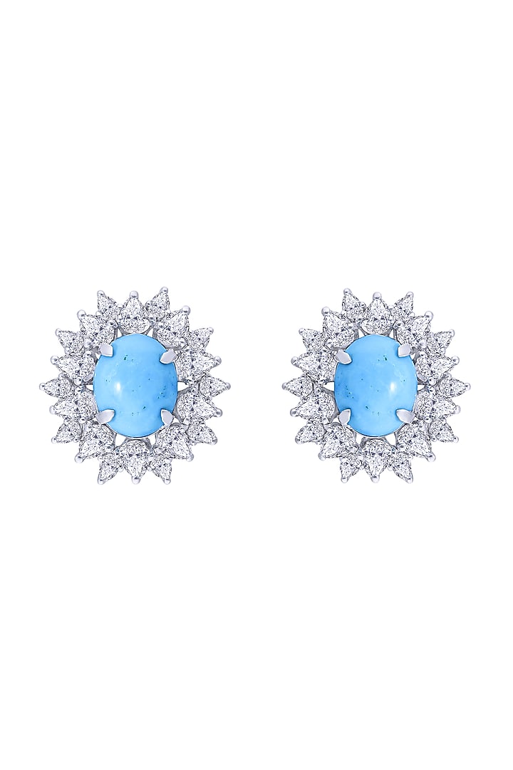 White Finish Turquoise Stones & Swarovski Stud Earrings In Sterling Silver by Diosa Paris Jewellery at Pernia's Pop Up Shop