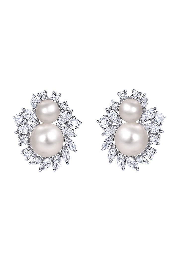 White Finish Pearls & Swarovski Earclips In Sterling Silver by Diosa Paris Jewellery at Pernia's Pop Up Shop