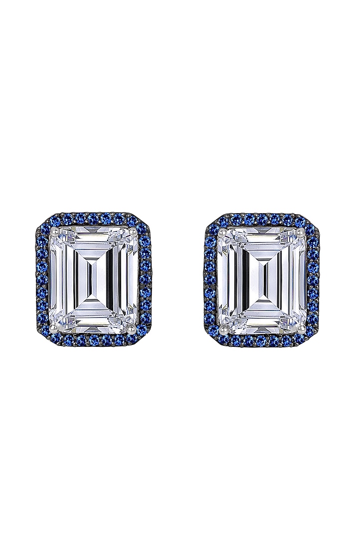 White Finish Blue Stones & Swarovski Stud Earrings In Sterling Silver by Diosa Paris Jewellery at Pernia's Pop Up Shop