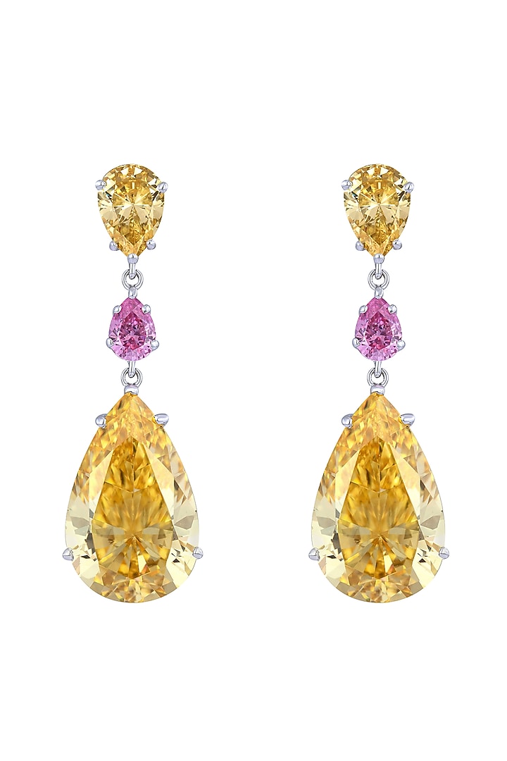 White Finish Yellow & Pink Swarovski Earrings In Sterling Silver by Diosa Paris Jewellery at Pernia's Pop Up Shop