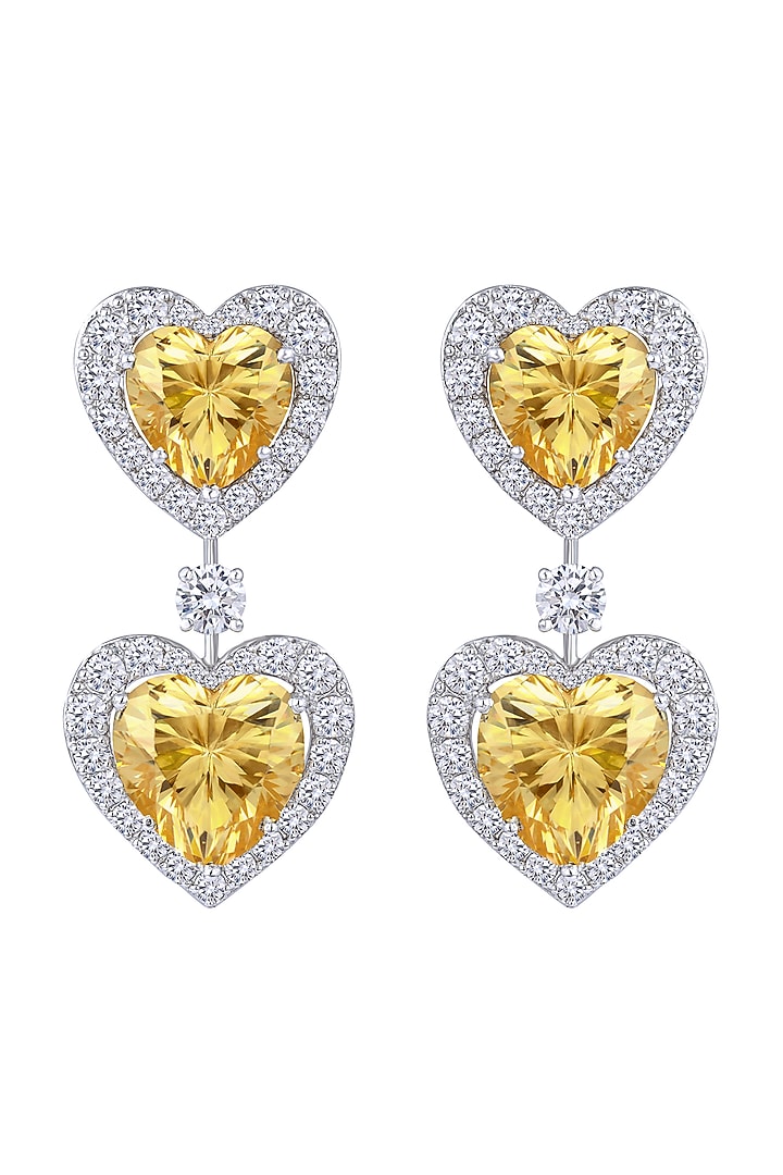 White Finish Yellow Heart Swarovski Chandelier Earrings In Sterling Silver by Diosa Paris Jewellery at Pernia's Pop Up Shop