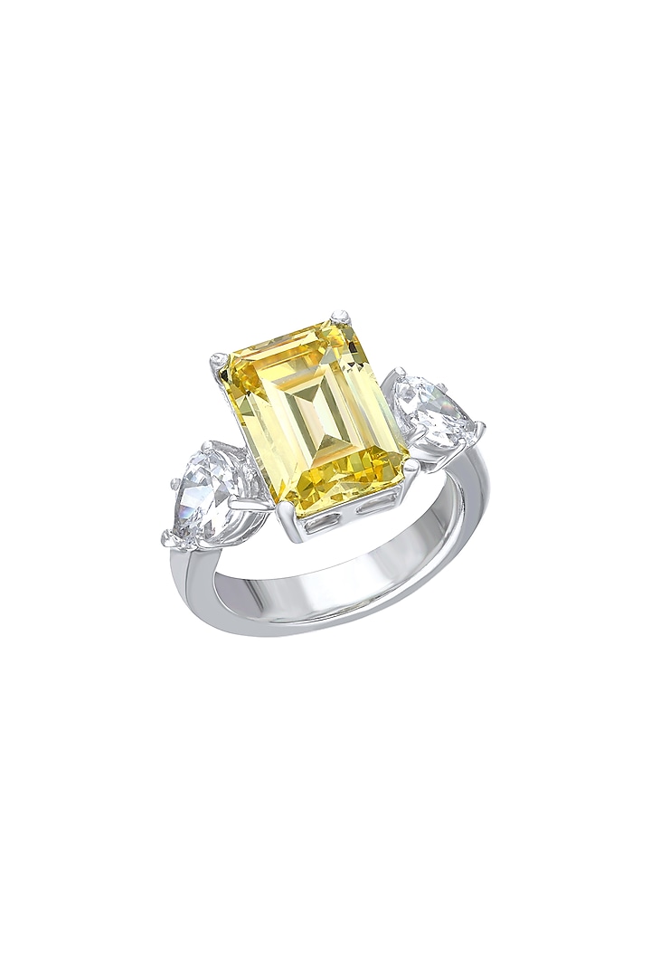 White Finish Ring With Yellow Swarovski Zirconia In Sterling Silver by Diosa Paris Jewellery at Pernia's Pop Up Shop