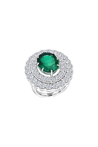 White Finish Green Crystal & Swarovski Ring In Sterling Silver by Diosa Paris Jewellery