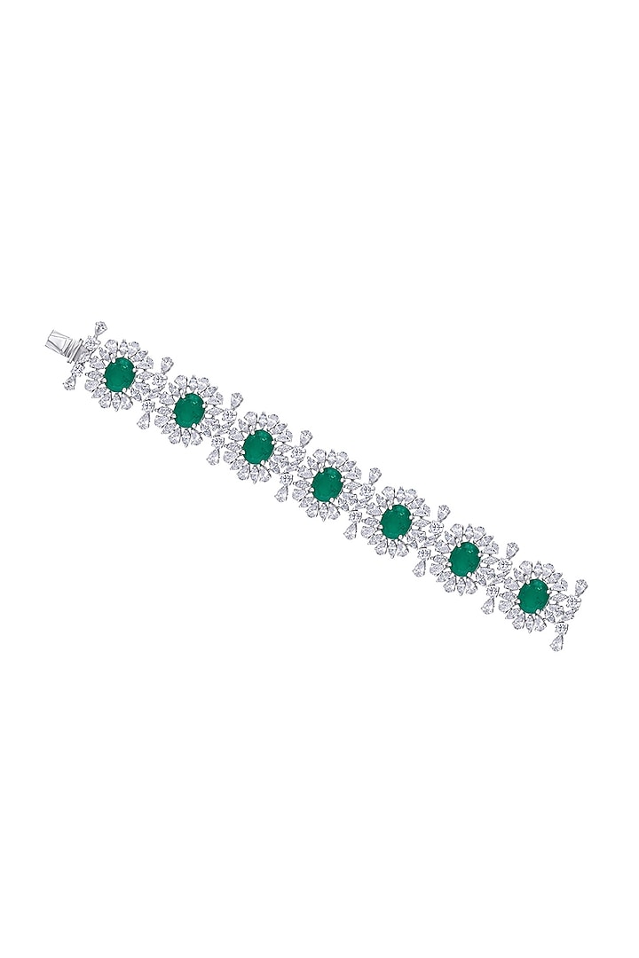 White Finish Green Stones Bracelet In Sterling Silver by Diosa Paris Jewellery at Pernia's Pop Up Shop