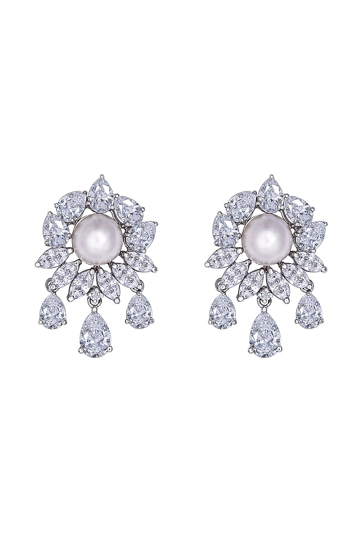 White Finish Pearl & Swarovski Earrings In Sterling Silver by Diosa Paris Jewellery at Pernia's Pop Up Shop