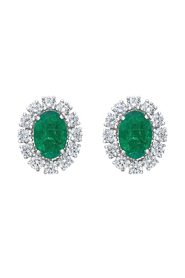 White Finish Green Synthetic Stones & Swarovski Stud Earrings In Sterling Silver by Diosa Paris Jewellery at Pernia's Pop Up Shop