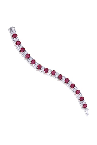 White Finish Red Stones & Swarovski Bracelet In Sterling Silver by Diosa Paris Jewellery