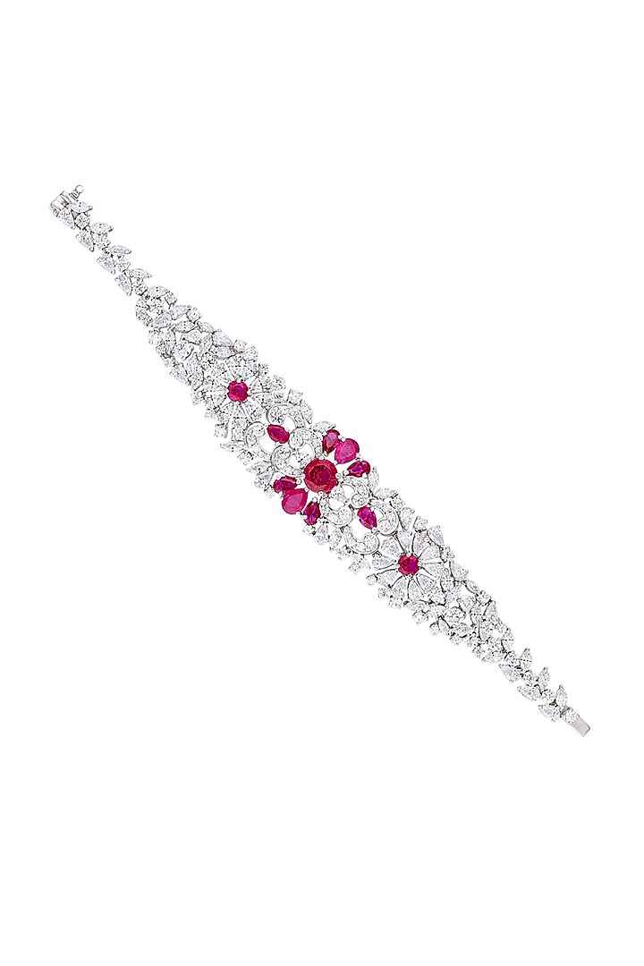 White Finish Red Stones & Swarovski Bracelet In Sterling Silver by Diosa Paris Jewellery at Pernia's Pop Up Shop