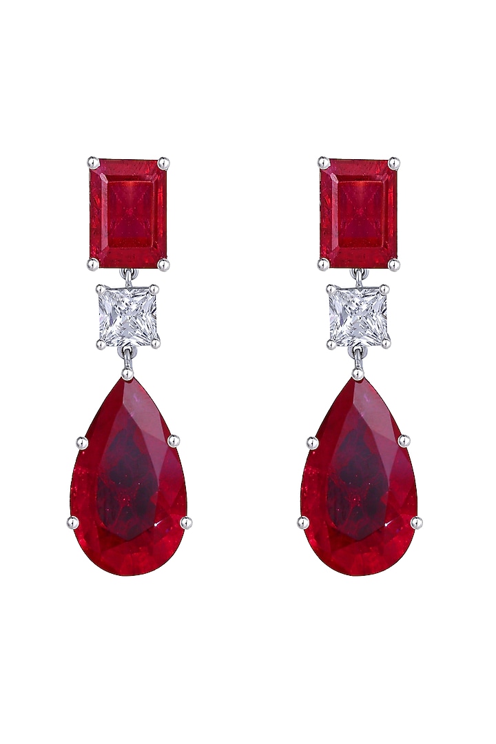 White Finish Red Synthetic Stones Earrings In Sterling Silver by Diosa Paris Jewellery at Pernia's Pop Up Shop