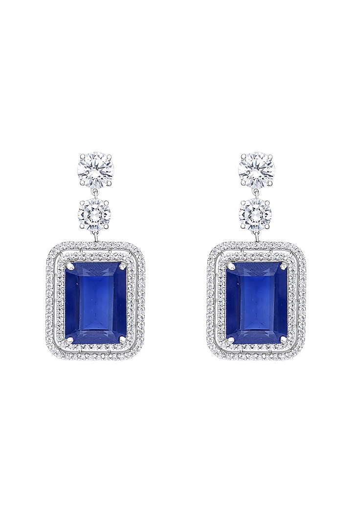 White Finish Blue Crystal & Swarovski Earrings In Sterling Silver by Diosa Paris Jewellery at Pernia's Pop Up Shop