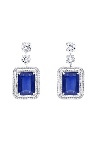 White Finish Blue Crystal & Swarovski Earrings In Sterling Silver by Diosa Paris Jewellery