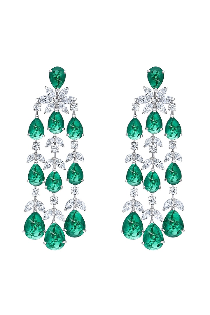 White Finish Green Stones & Swarovski Earrings In Sterling Silver by Diosa Paris Jewellery at Pernia's Pop Up Shop