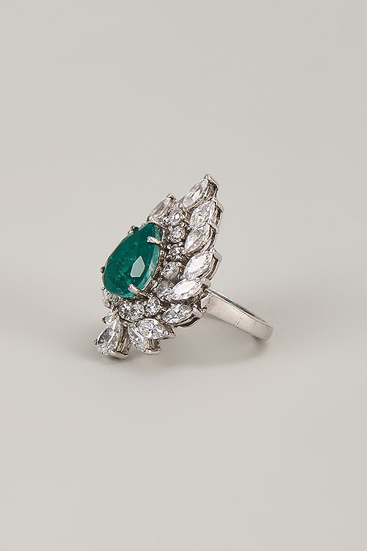 Silver Finish Zircon & Green Stone Ring In Sterling Silver by Diosa Paris Jewellery at Pernia's Pop Up Shop