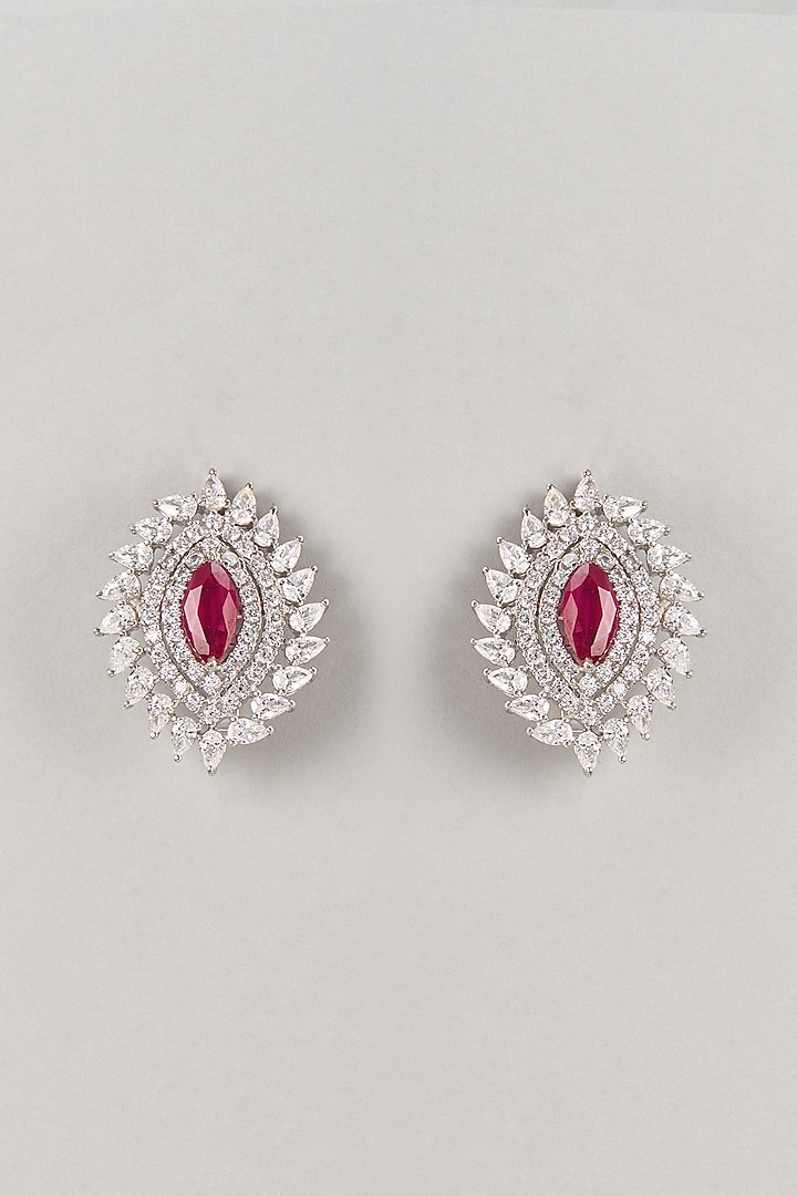 Silver Finish Zircon & Red Stone Stud Earrings In Sterling Silver by Diosa Paris Jewellery at Pernia's Pop Up Shop