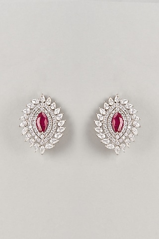 Silver Finish Zircon & Red Stone Stud Earrings In Sterling Silver by Diosa Paris Jewellery