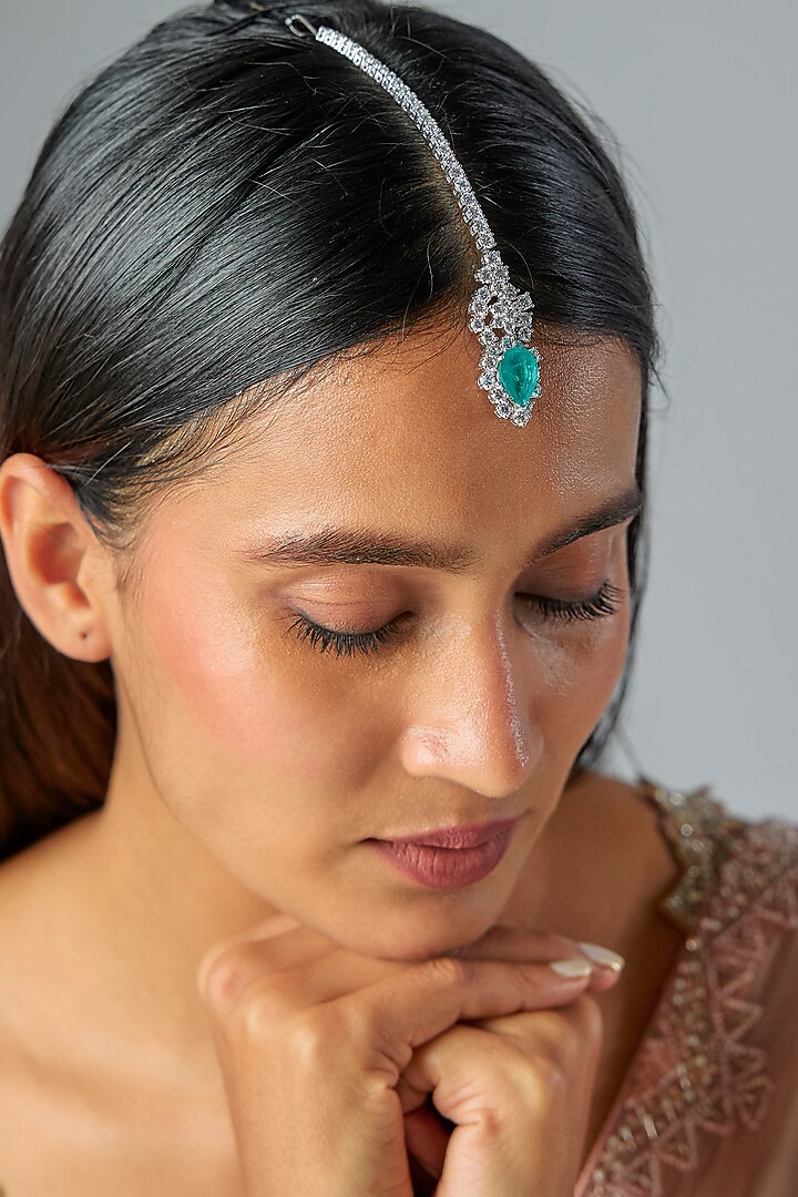 White Finish Zircon Maangtikka In Sterling Silver by Diosa Paris Jewellery at Pernia's Pop Up Shop