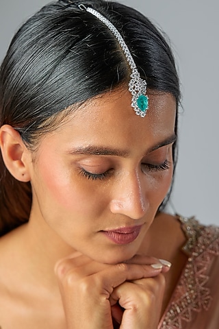 White Finish Zircon Maangtikka In Sterling Silver by Diosa Paris Jewellery